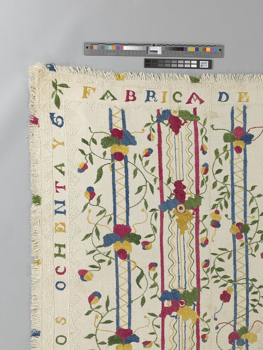 Embroidered coverlet (Colcha), Doña Rosa Solís y Menéndez, Cotton embroidered with silk, Mexican