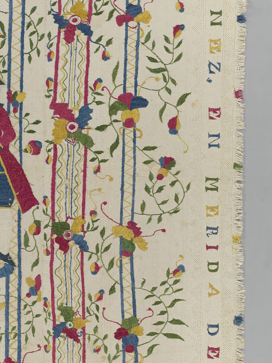 Embroidered coverlet (Colcha), Doña Rosa Solís y Menéndez, Cotton embroidered with silk, Mexican