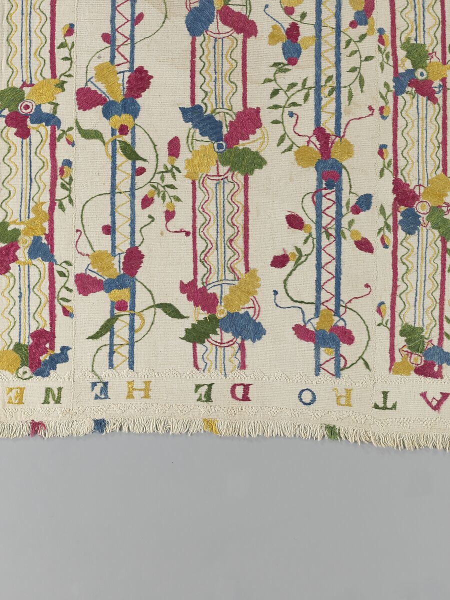 Embroidered coverlet (Colcha), Doña Rosa Solís y Menéndez, Cotton embroidered with silk, Mexican