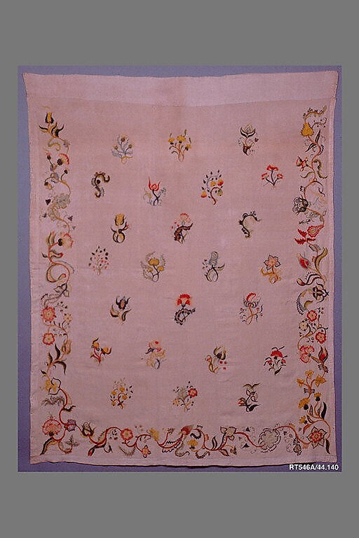 Enbroidered bed curtain, Sarah Noyes Chester (1722–1797), Linen embroidered with wool, American