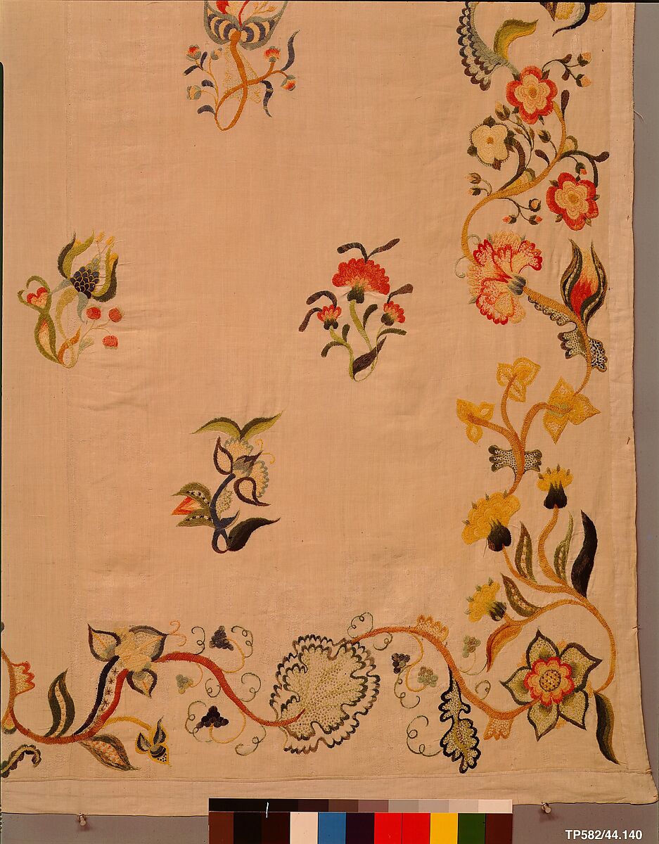 Enbroidered bed curtain, Sarah Noyes Chester (1722–1797), Linen embroidered with wool, American