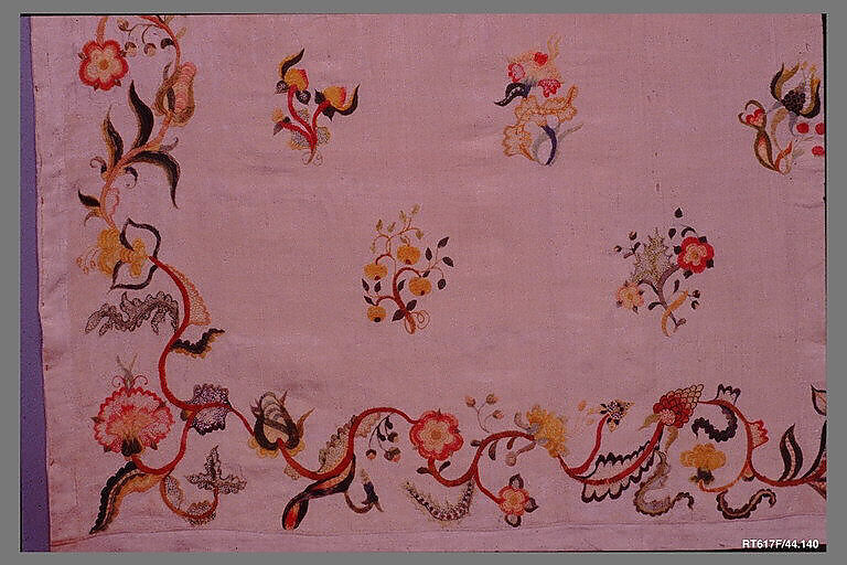 Enbroidered bed curtain, Sarah Noyes Chester (1722–1797), Linen embroidered with wool, American