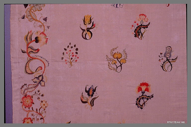 Enbroidered bed curtain, Sarah Noyes Chester (1722–1797), Linen embroidered with wool, American