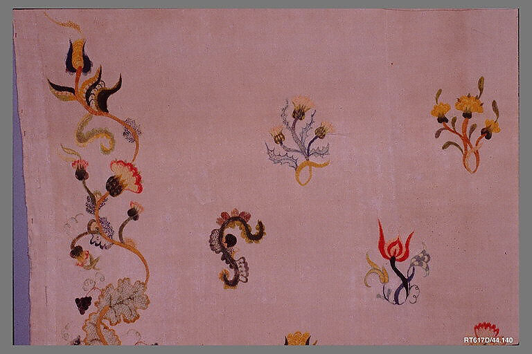 Enbroidered bed curtain, Sarah Noyes Chester (1722–1797), Linen embroidered with wool, American