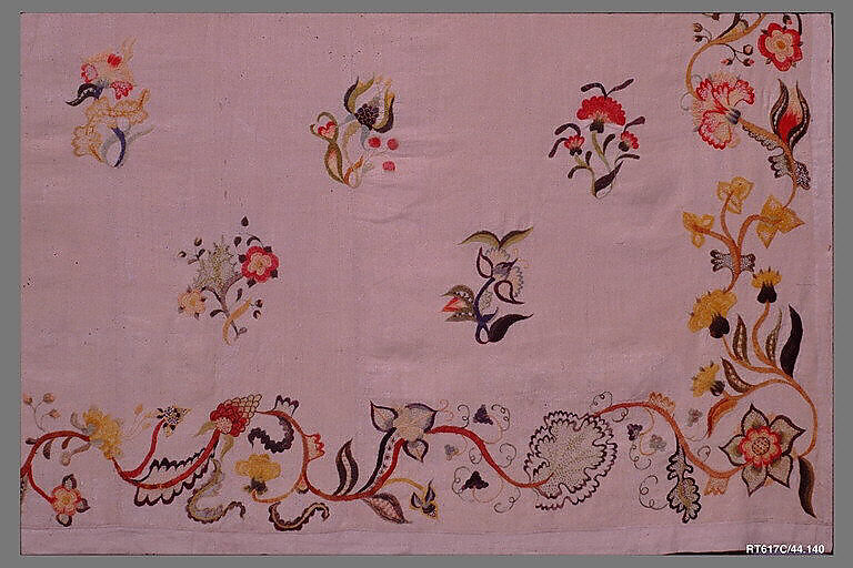 Enbroidered bed curtain, Sarah Noyes Chester (1722–1797), Linen embroidered with wool, American