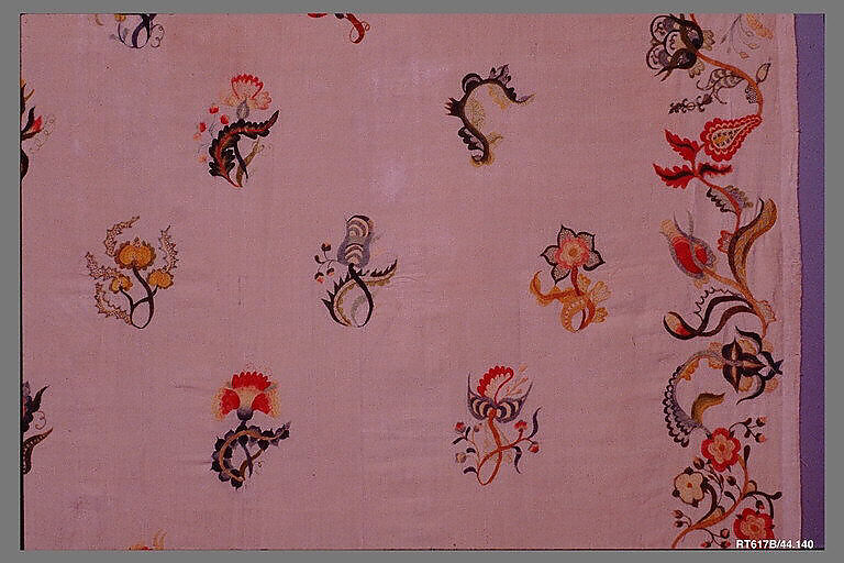 Enbroidered bed curtain, Sarah Noyes Chester (1722–1797), Linen embroidered with wool, American