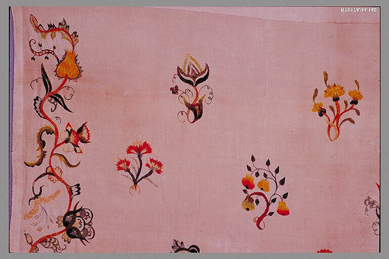 Enbroidered bed curtain, Sarah Noyes Chester (1722–1797), Linen embroidered with wool, American