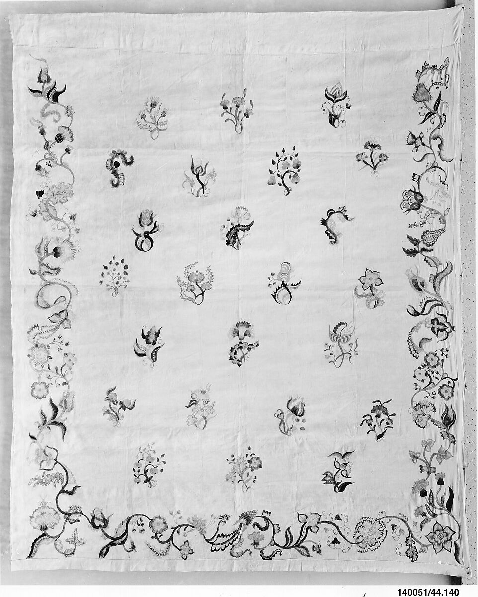 Enbroidered bed curtain, Sarah Noyes Chester (1722–1797), Linen embroidered with wool, American