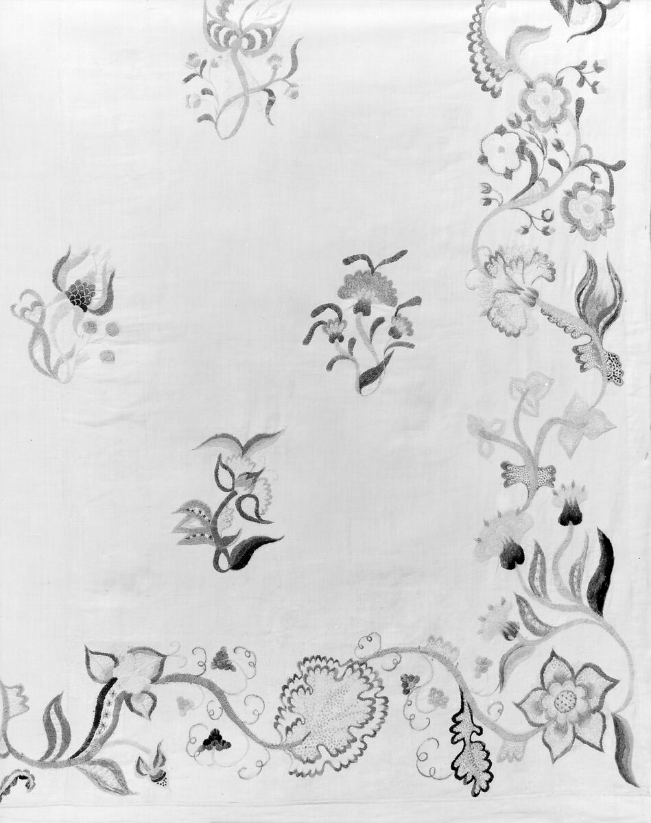 Enbroidered bed curtain, Sarah Noyes Chester (1722–1797), Linen embroidered with wool, American