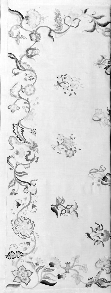 Enbroidered bed curtain, Sarah Noyes Chester (1722–1797), Linen embroidered with wool, American