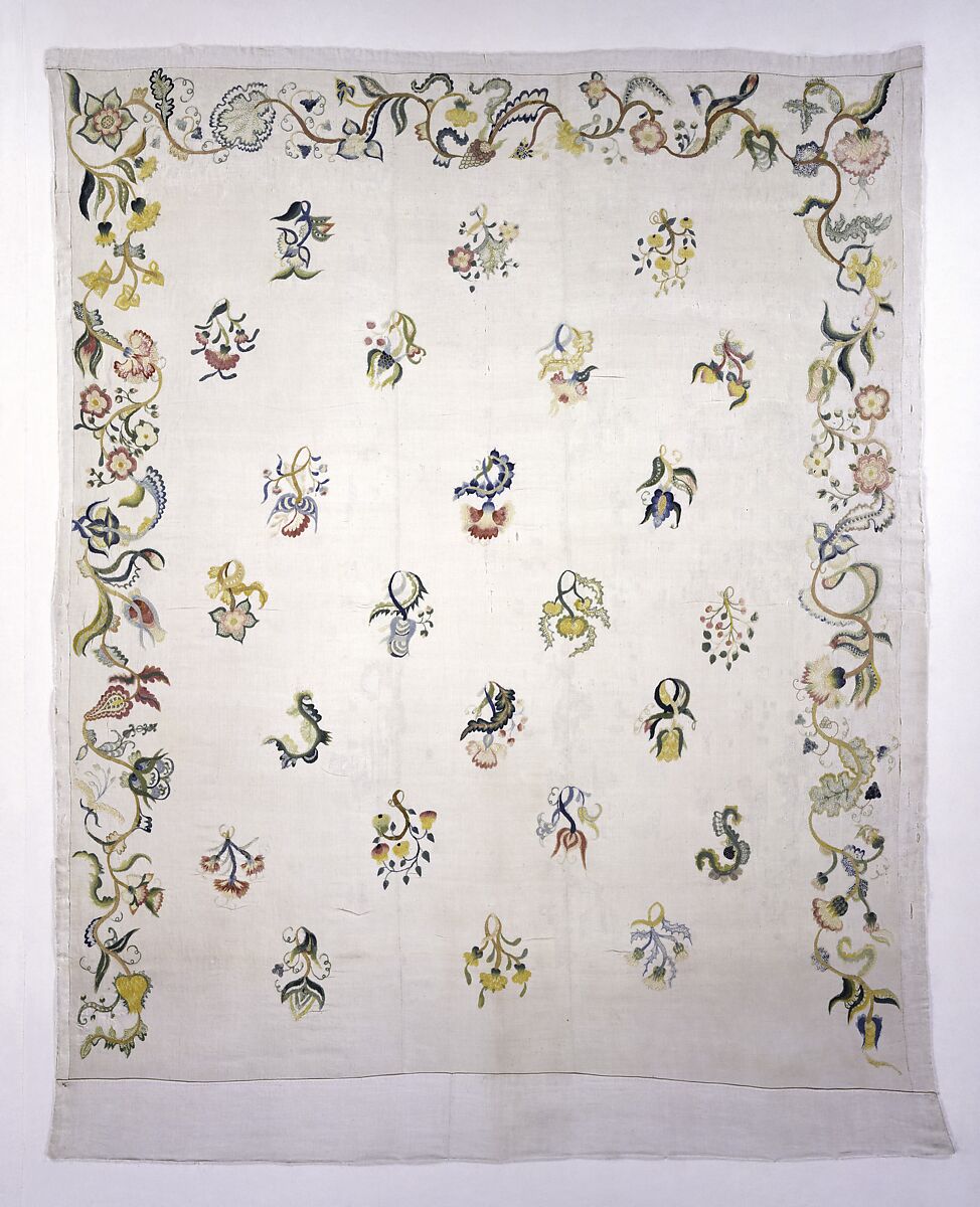 Enbroidered bed curtain, Sarah Noyes Chester (1722–1797), Linen embroidered with wool, American