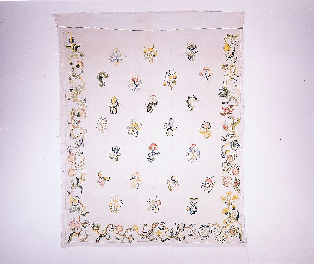 Enbroidered bed curtain, Sarah Noyes Chester (1722–1797), Linen embroidered with wool, American 