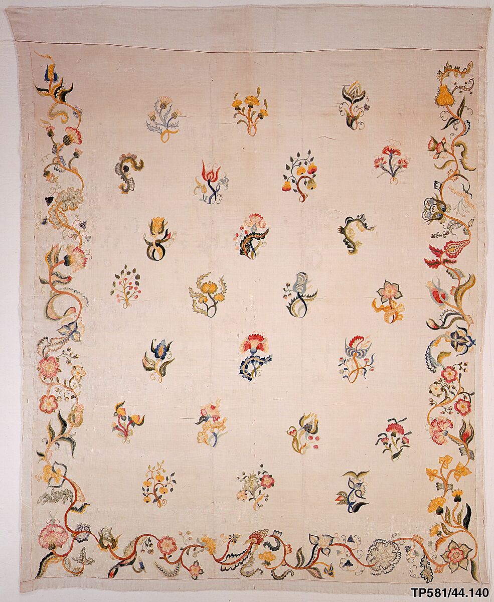 Enbroidered bed curtain, Sarah Noyes Chester (1722–1797), Linen embroidered with wool, American