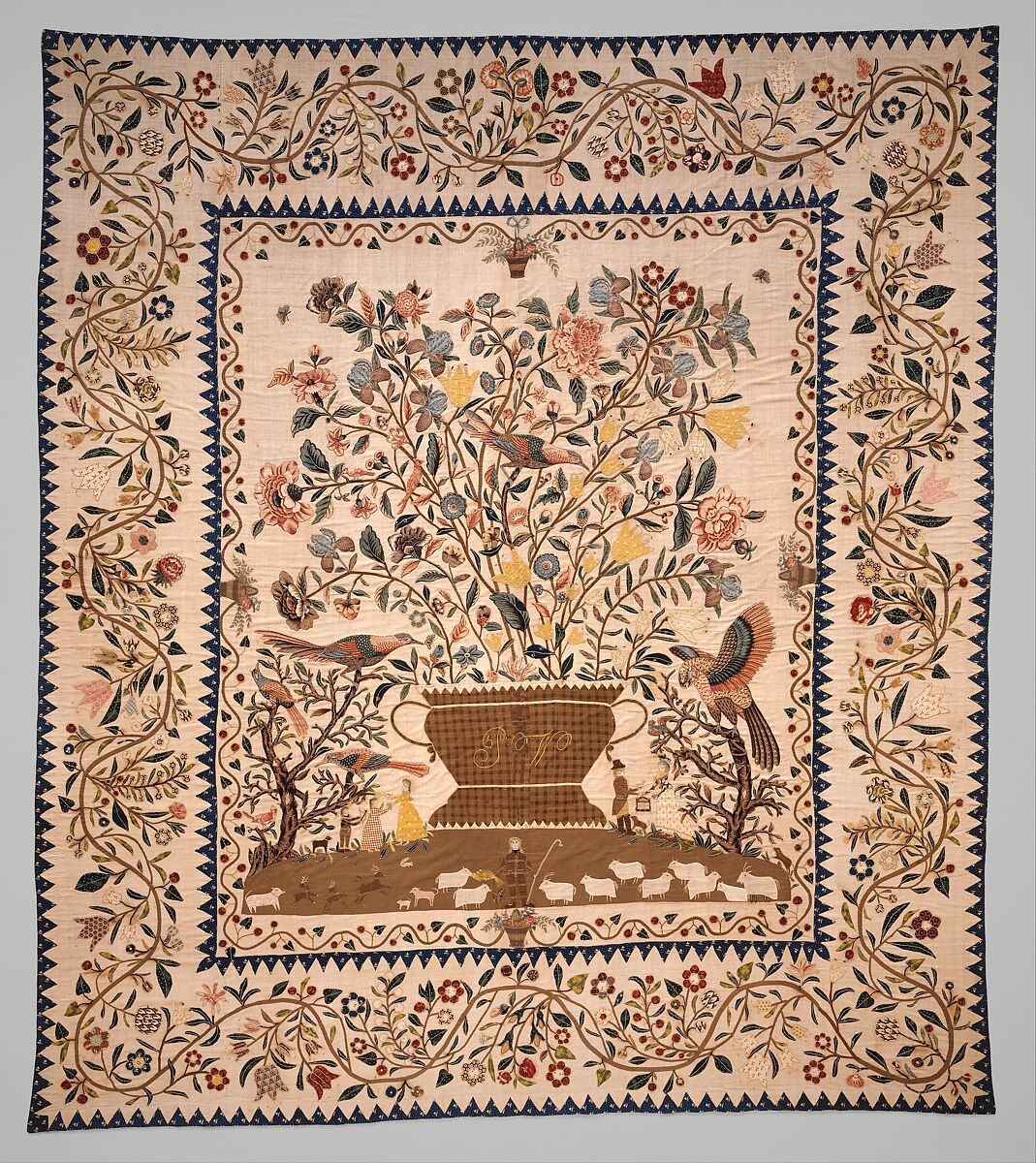 Phebe Warner Coverlet, Probably Sarah Furman Warner Williams (born 1764), Linen and cotton, American 