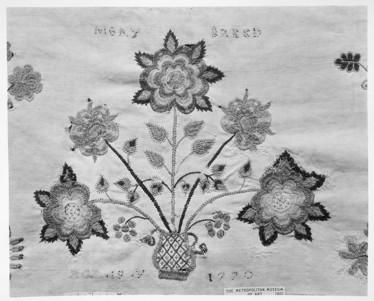 Embroidered coverlet, Mary Breed (1751–ca. 1784), Linen and cotton with wool embroidered, American