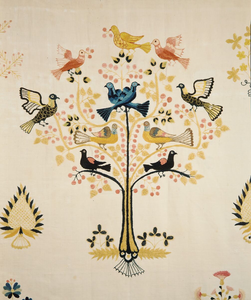 Embroidered coverlet, Mary Breed (1751–ca. 1784), Linen and cotton with wool embroidered, American