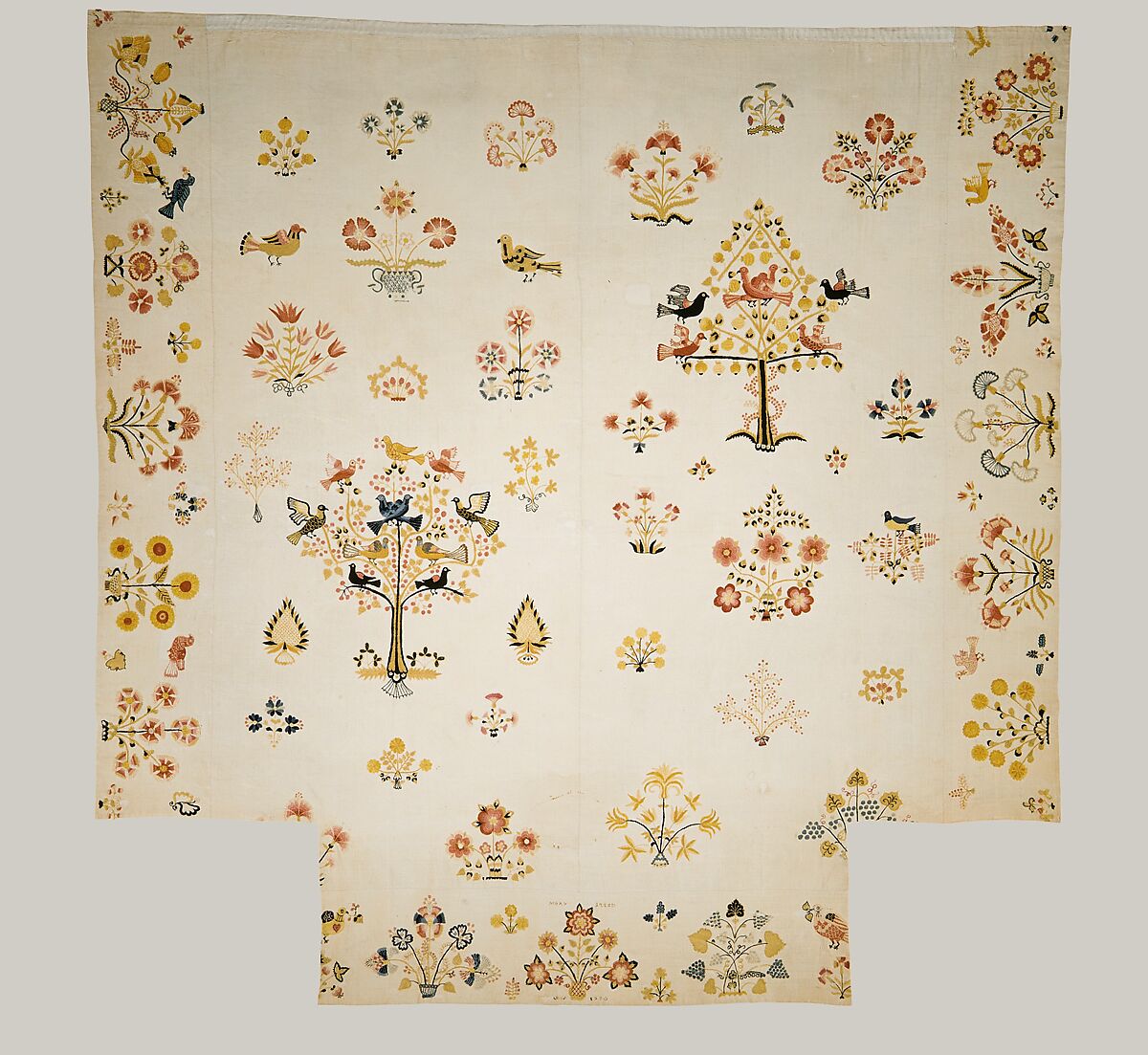 Embroidered coverlet, Mary Breed (1751–ca. 1784), Linen and cotton with wool embroidered, American