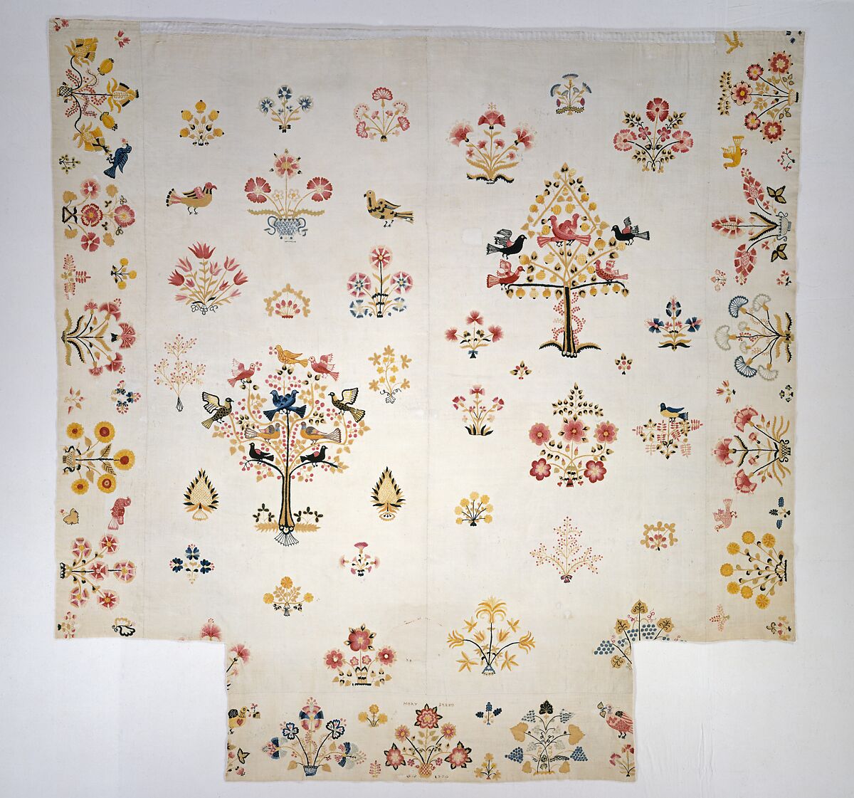 Embroidered coverlet, Mary Breed (1751–ca. 1784), Linen and cotton with wool embroidered, American 