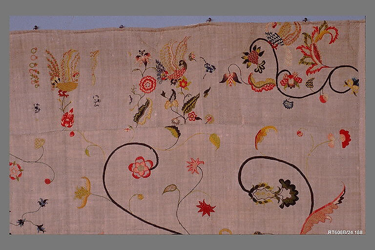 Embroidered coverlet, Linen embroidered with wool, American or British