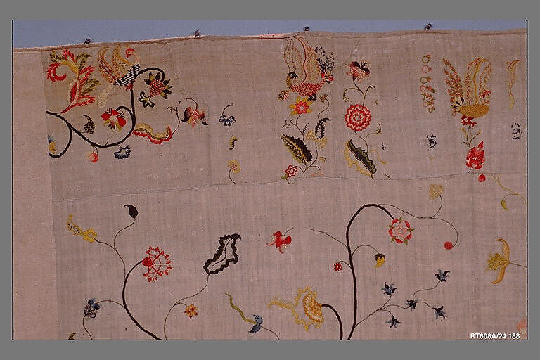Embroidered coverlet, Linen embroidered with wool, American or British