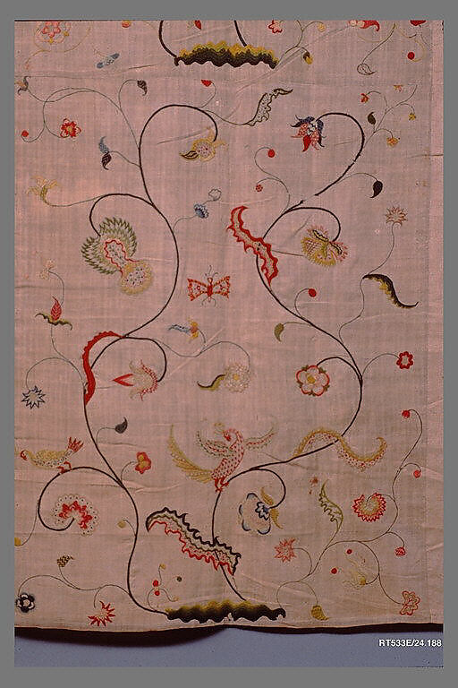 Embroidered coverlet, Linen embroidered with wool, American or British