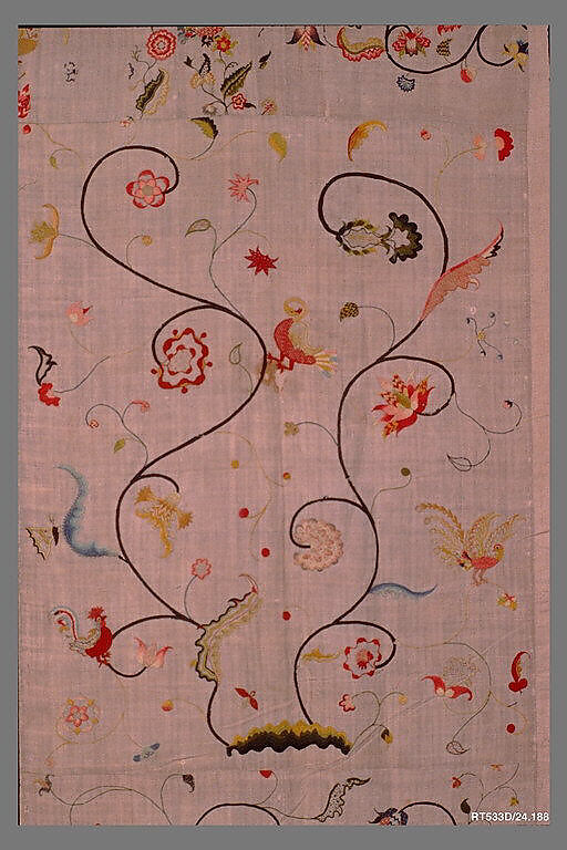 Embroidered coverlet, Linen embroidered with wool, American or British