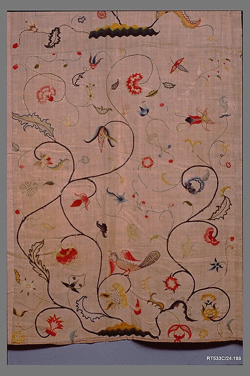 Embroidered coverlet, Linen embroidered with wool, American or British