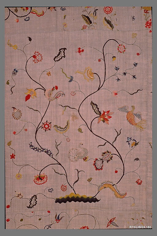 Embroidered coverlet, Linen embroidered with wool, American or British