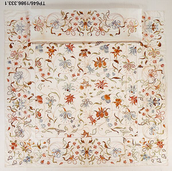 Embroidered coverlet, Attributed to A. P. Lalkers, Linen and cotton embroidered with silk, American