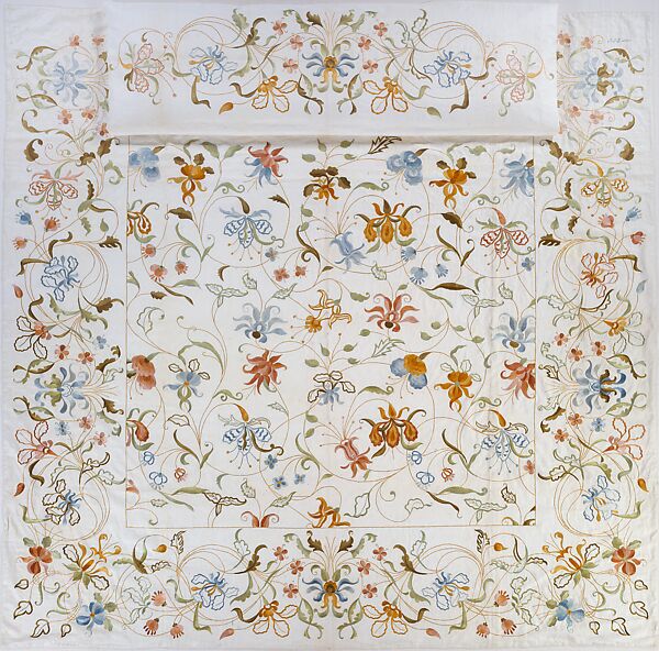 Embroidered coverlet, Attributed to A. P. Lalkers, Linen and cotton embroidered with silk, American 