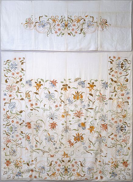 Embroidered coverlet, Attributed to A. P. Lalkers, Linen and cotton embroidered with silk, American