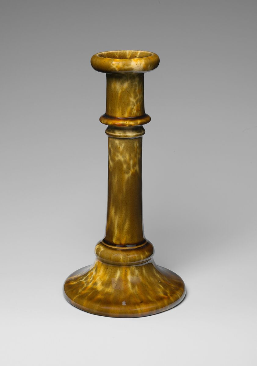 Candlestick, Probably mottled brown earthenware, American 