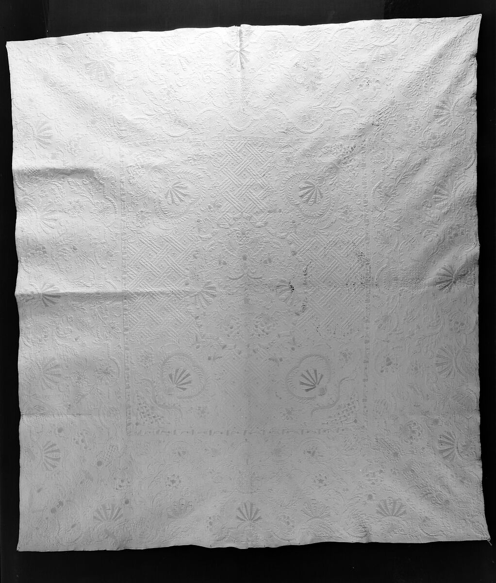 Embroidered and stuffed whitework quilt, Linen embroidered with linen thread, British 