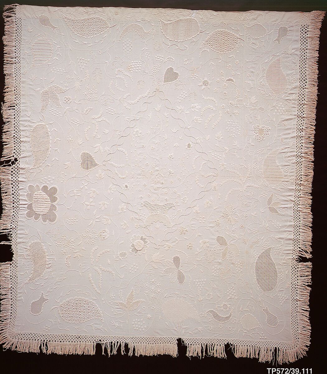 Embroidered whitework coverlet, Mary Walker Stith Jones (1802–1884), Cotton embroidered with cotton thread, American