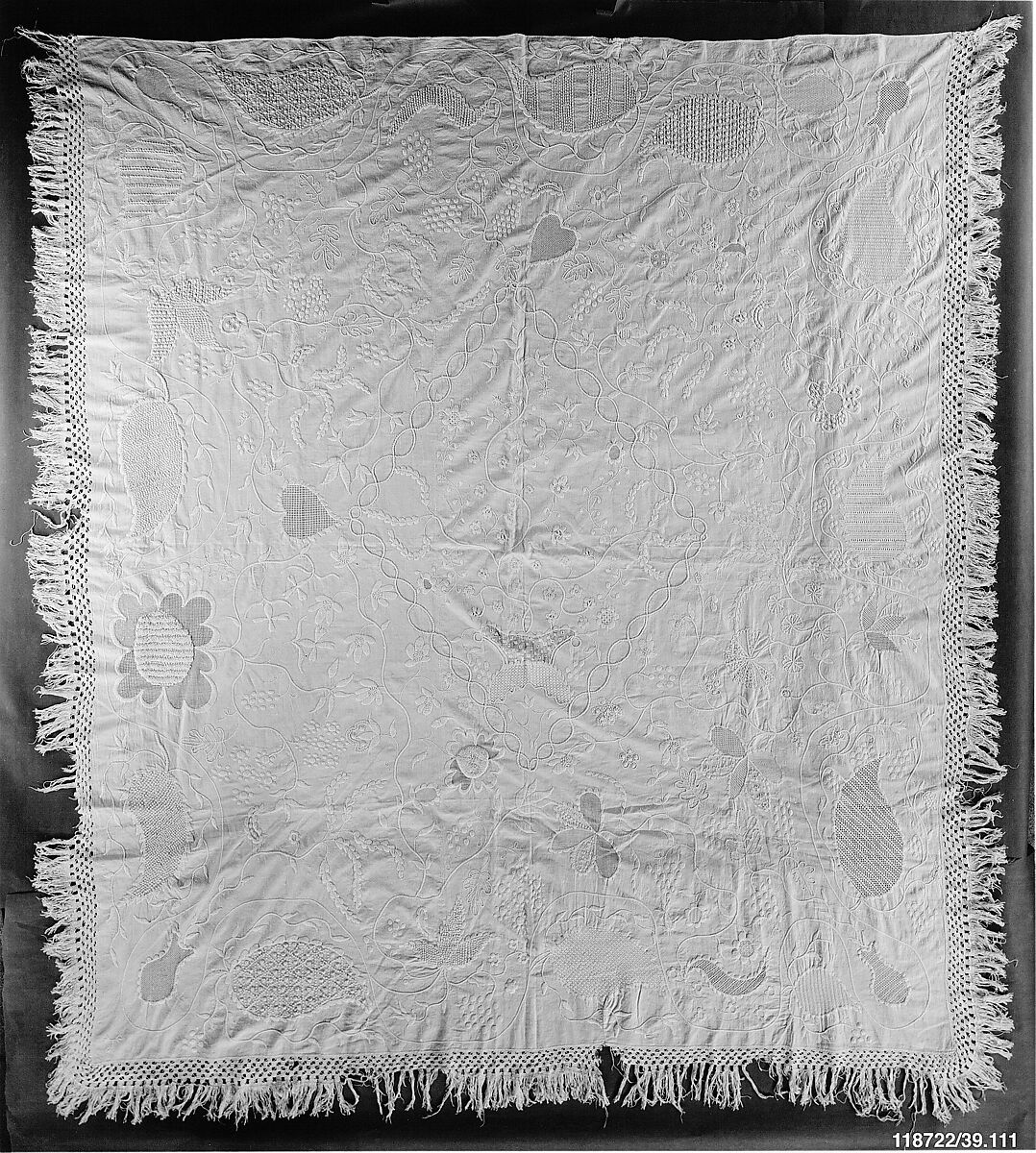 Embroidered whitework coverlet, Mary Walker Stith Jones (1802–1884), Cotton embroidered with cotton thread, American