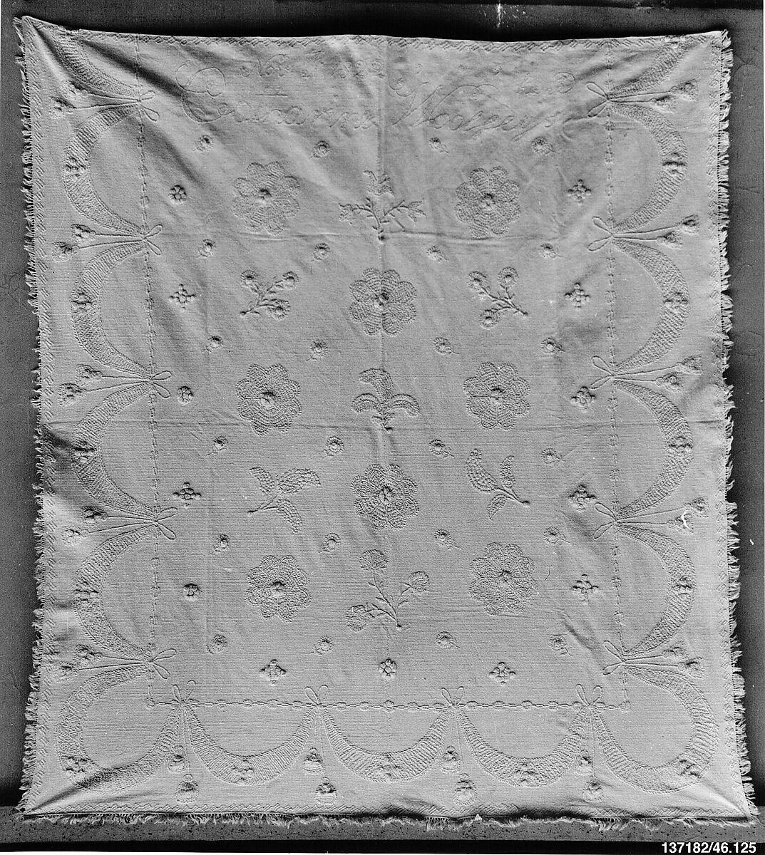 Embroidered whitework coverlet, Catharine Woolsey (born 1775), Cotton embroidered with cotton thread, American 