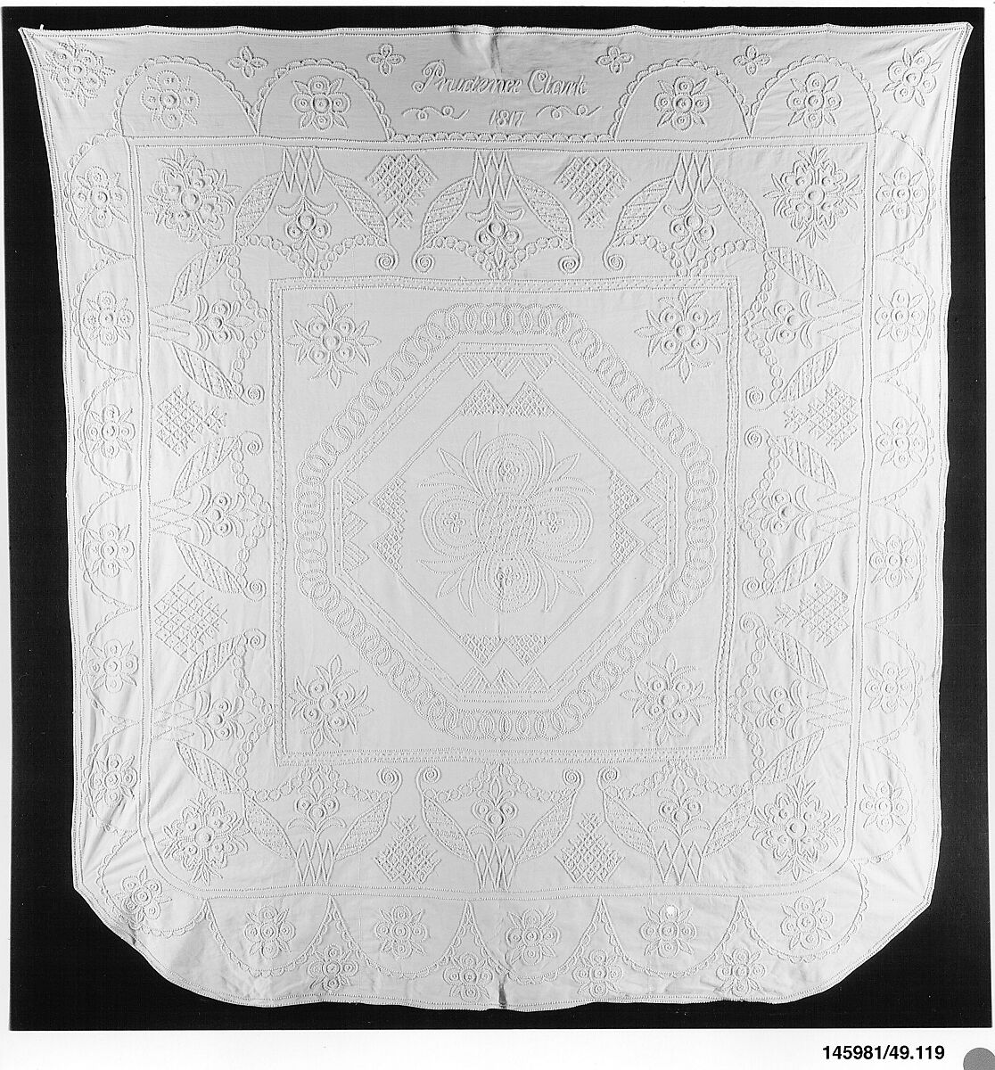 Embroidered whitework coverlet, Prudence Clark, Cotton/linen embroidered with cotton thread, American 
