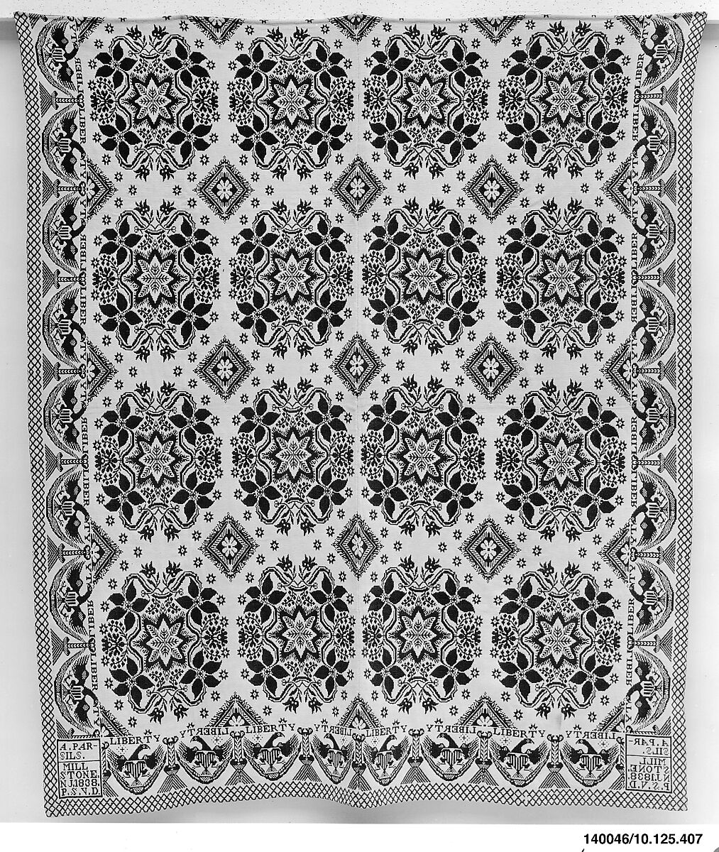 Coverlet, Lilies of France pattern with Eagle and Liberty borders, Peter Sutphen van Doren (1806–1899), Woven, cotton and wool, American 