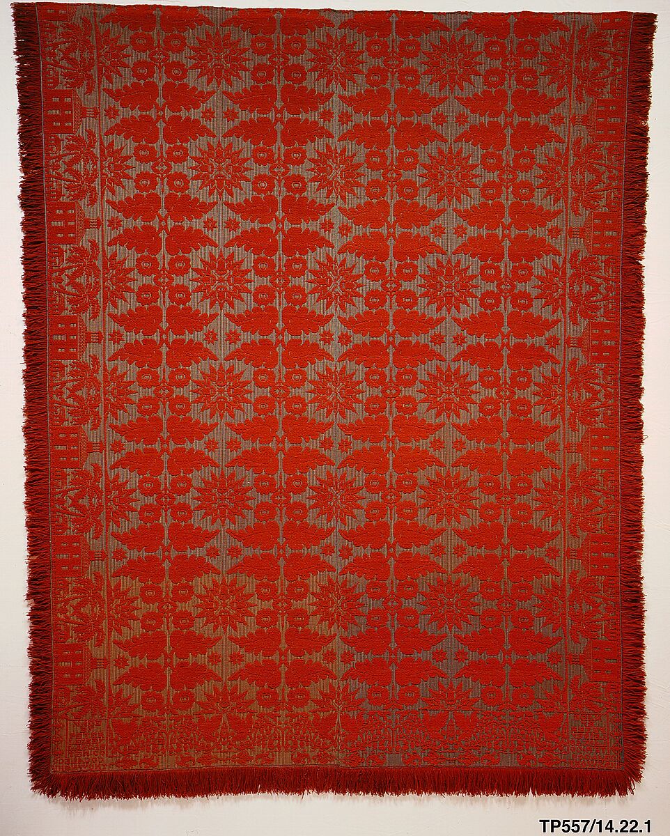 Coverlet, Peter Leisey (1802–1859), Wool and cotton; Biederwand weave, woven on a hand loom with a Jacquard attachment, American 