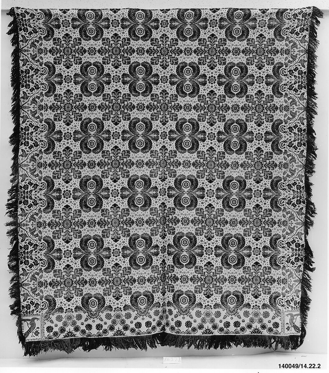 Coverlet, Wool and cotton, Biederwand weave, woven on a hand loom with a Jacquard attachment, American 