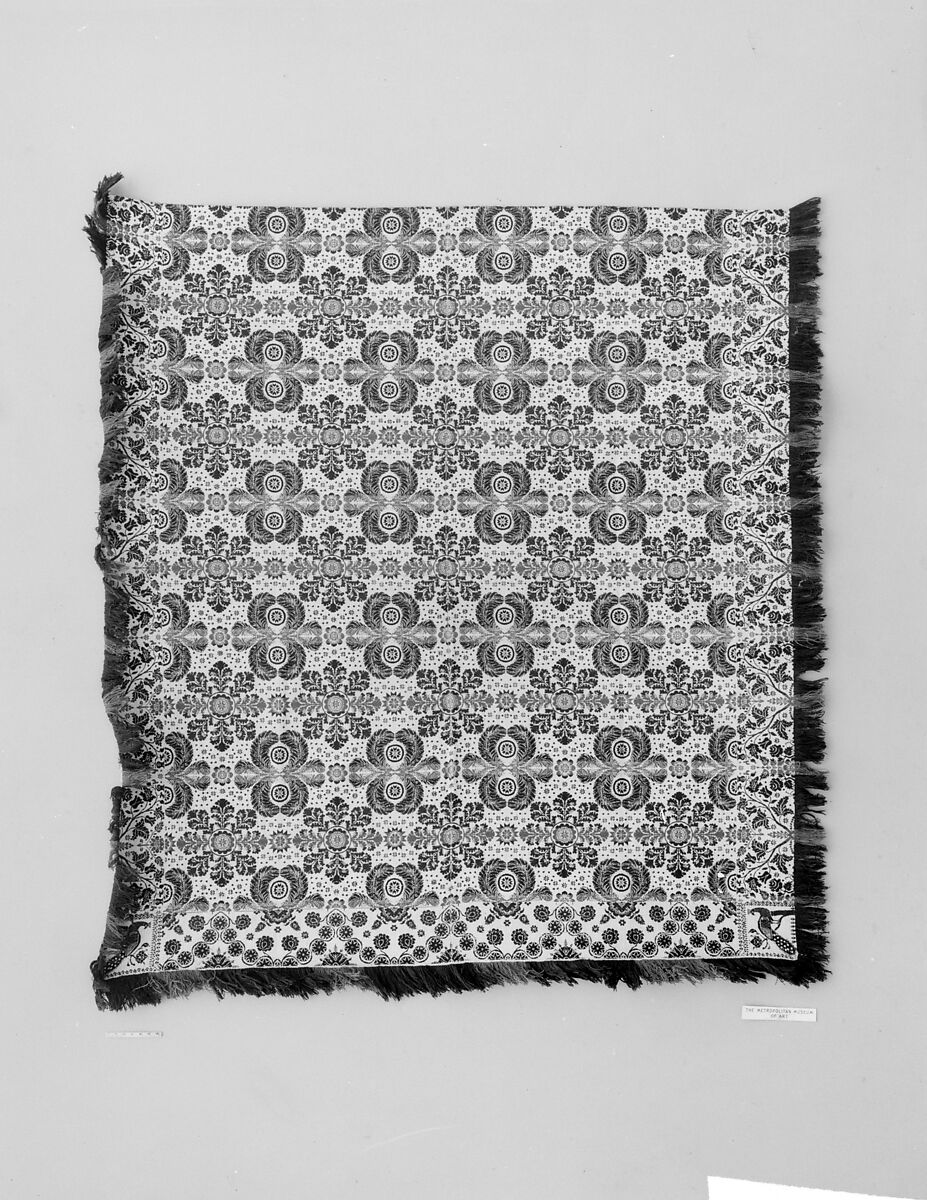 Coverlet, Wool and cotton, Biederwand weave, woven on a hand loom with a Jacquard attachment, American