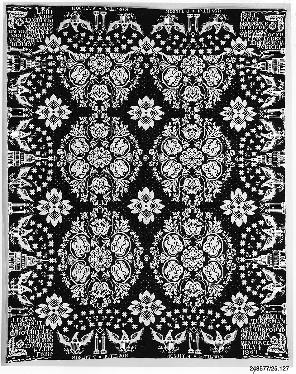 Coverlet, Agriculture & Manufactures pattern, Wool and cotton, woven, American