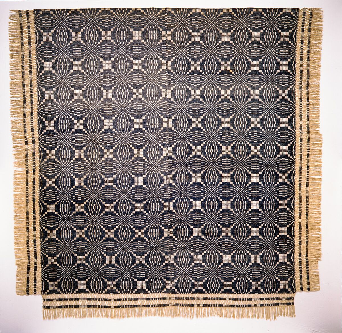 Coverlet, Wheel of Fortune pattern variation, Cotton and wool, woven, American