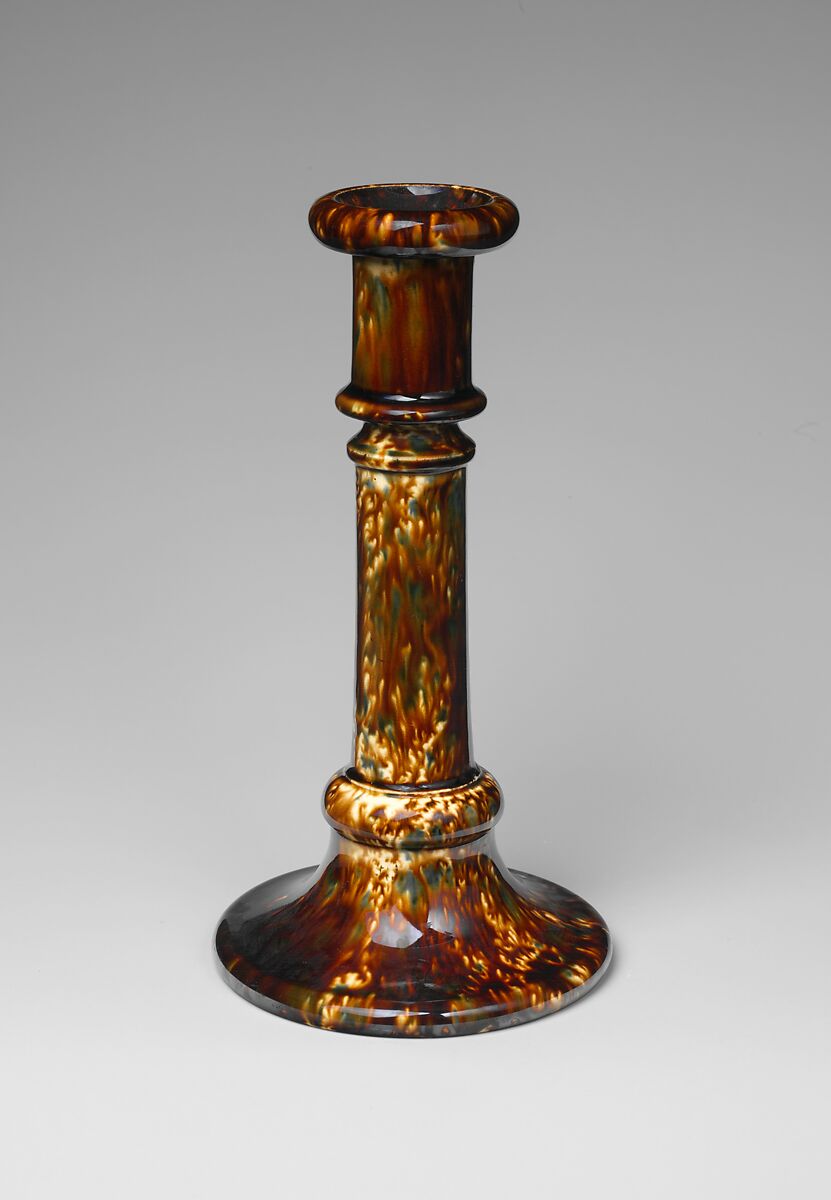 Candlestick, Probably mottled brown earthenware, American 