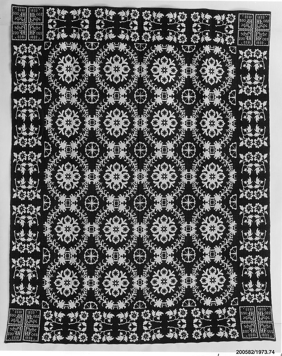 Coverlet, Cotton and wool; Doublecloth, woven on a hand-loom with a Jacquard attachment, American