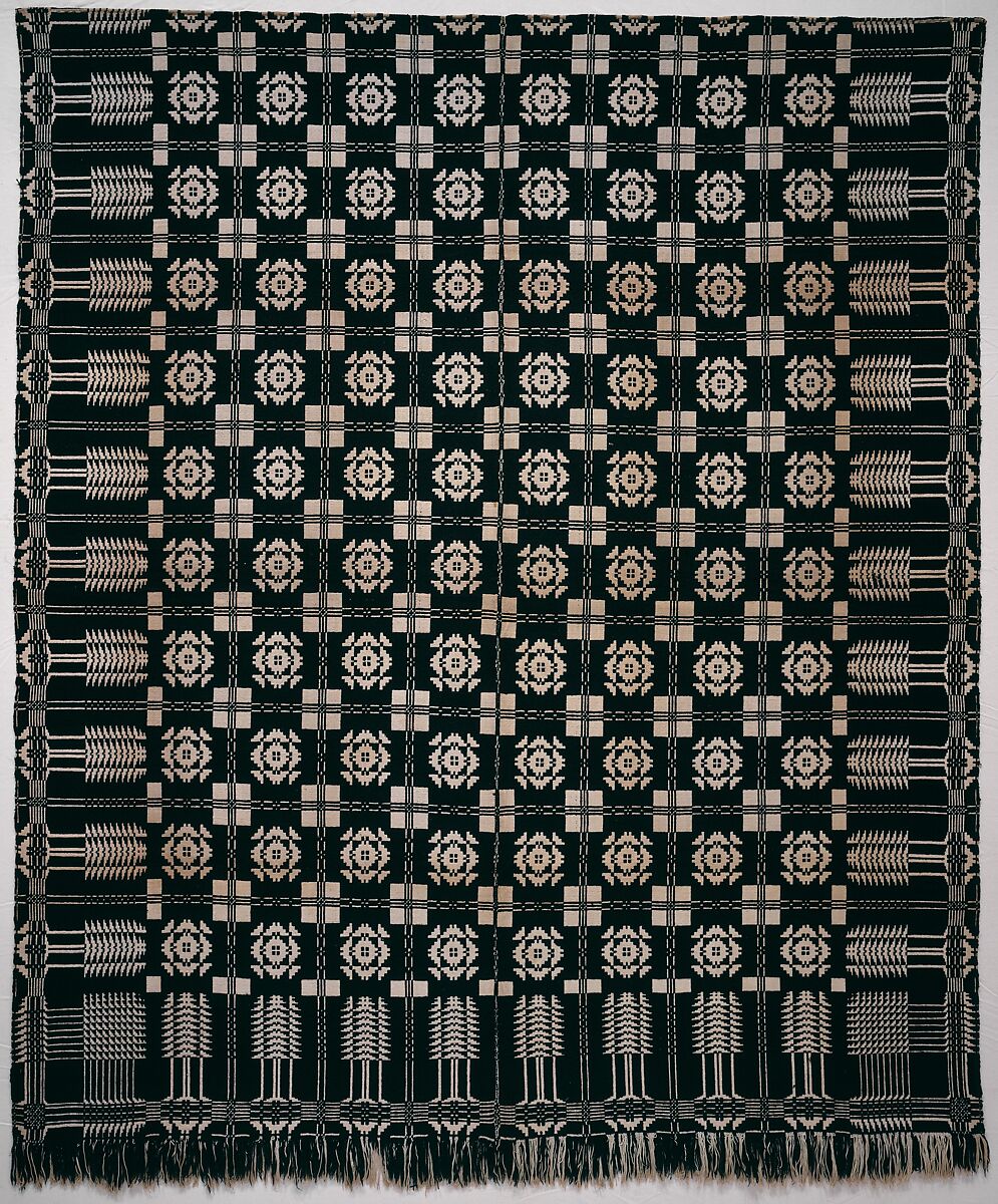 Coverlet, Virginia Beauty pattern with Pine-tree border, Cotton and wool; Doublecloth, woven on a hand-loom, American 