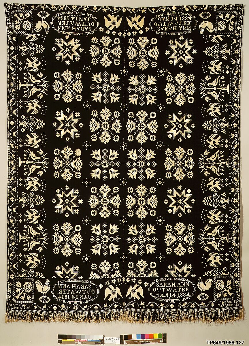 Coverlet, David Daniel Haring (1800–1889), Cotton and wool; Doublecloth, woven on a hand-loom with a Jacquard attachment, American