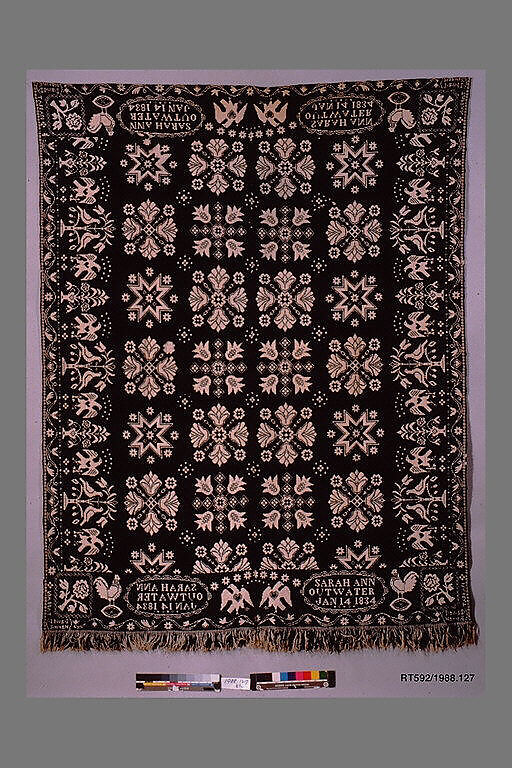 Coverlet, David Daniel Haring (1800–1889), Cotton and wool; Doublecloth, woven on a hand-loom with a Jacquard attachment, American