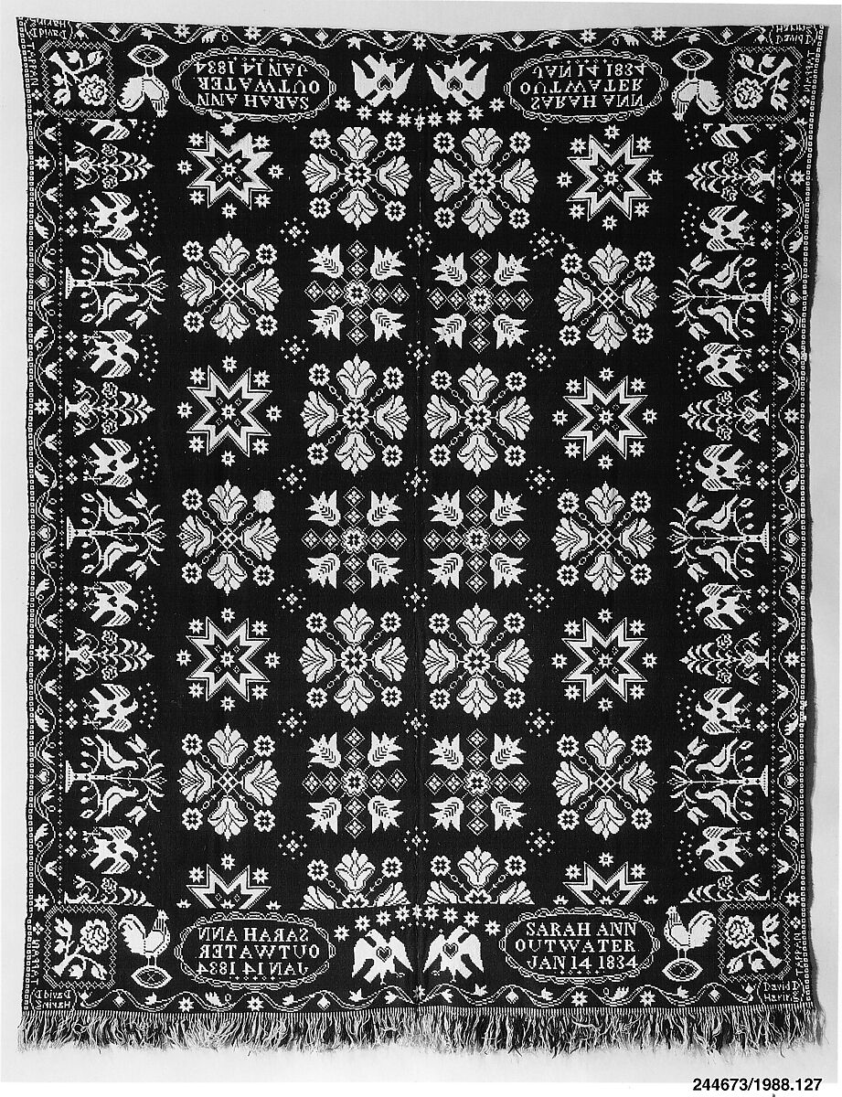 Coverlet, David Daniel Haring (1800–1889), Cotton and wool; Doublecloth, woven on a hand-loom with a Jacquard attachment, American