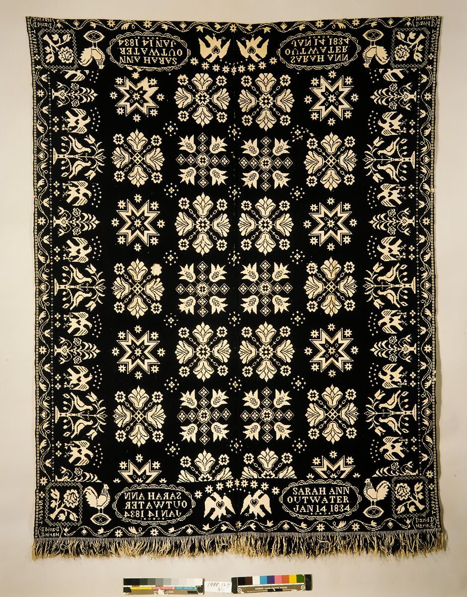 Coverlet, David Daniel Haring (1800–1889), Cotton and wool; Doublecloth, woven on a hand-loom with a Jacquard attachment, American